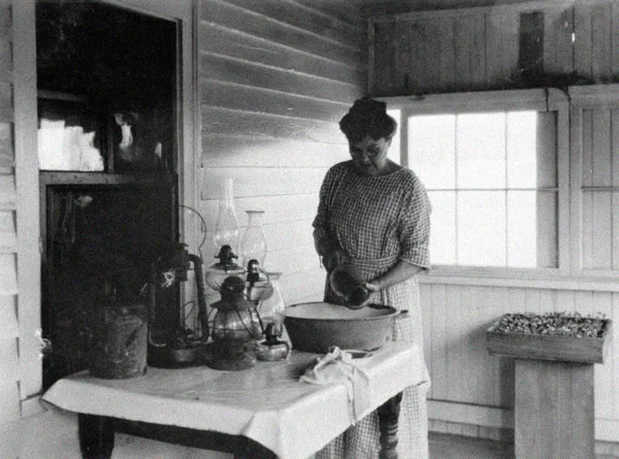 A woman in a checked dress pours ingredients into a bowl on a kitchen table, surrounded by vintage lamps and household items, in a sunlit, rustic room with wooden walls and large windows.