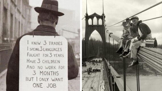 Left: A man seen from behind wears a hat and coat, with a sign on his back listing his skills and struggles finding work. Right: Construction workers sit on cables high above a large bridge under construction.