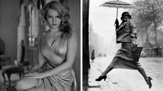 Split image: On the left, a glamorous woman in a low-cut, elegant dress sits indoors; on the right, a woman in a suit and hat jumps energetically in the rain holding an umbrella and briefcase on a city street.