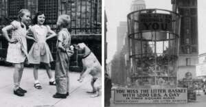 On the left, two girls, a boy, and a dog interact on a city sidewalk. On the right, a large litter basket filled with trash stands in a busy city area with a sign urging people to use it to keep the city clean.