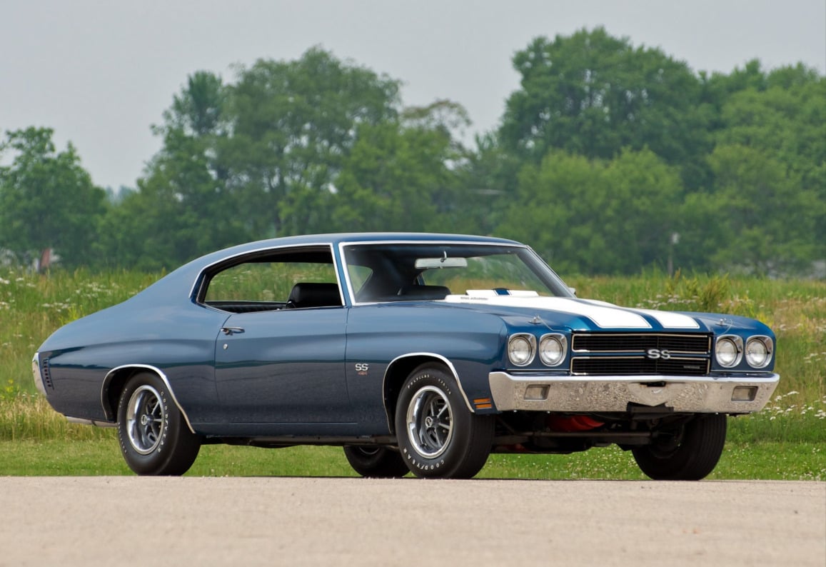 A classic blue 1970 Chevrolet Chevelle SS muscle car with white racing stripes is parked on a paved surface, with green grass and trees in the background.