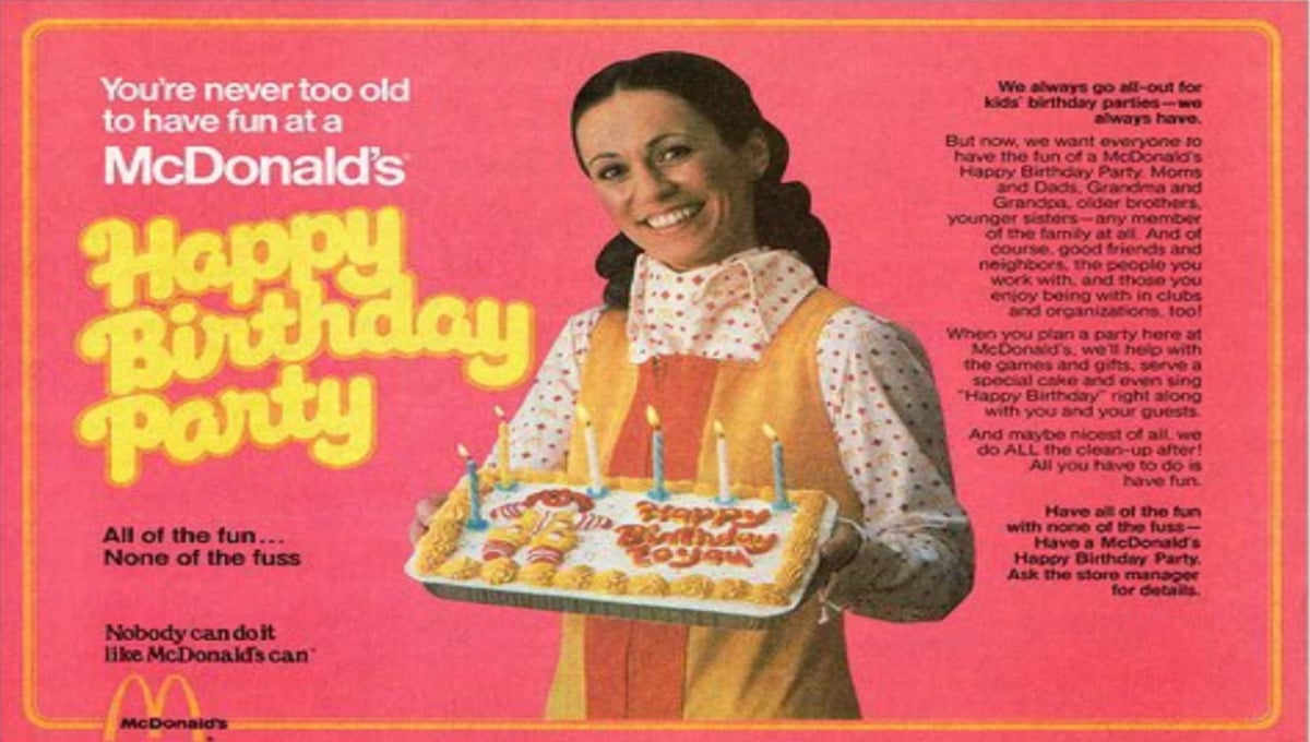 A smiling woman in a polka-dot shirt and orange apron holds a decorated birthday cake with "Happy Birthday" written on it, in a colorful McDonald's Happy Birthday Party advertisement. Text promotes birthday party hosting.