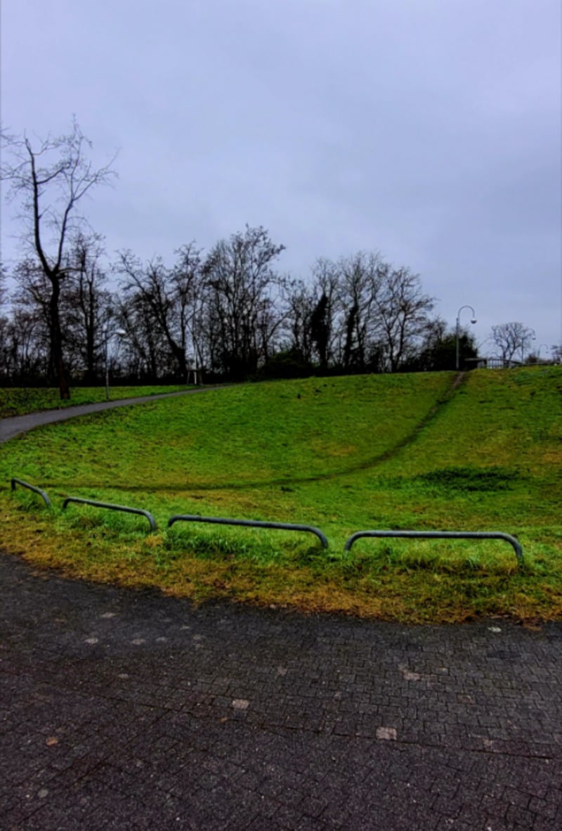 A paved path curves beside a grassy hill under a cloudy sky. A worn dirt trail cuts through the grass, passing between two metal railings, with leafless trees in the background.