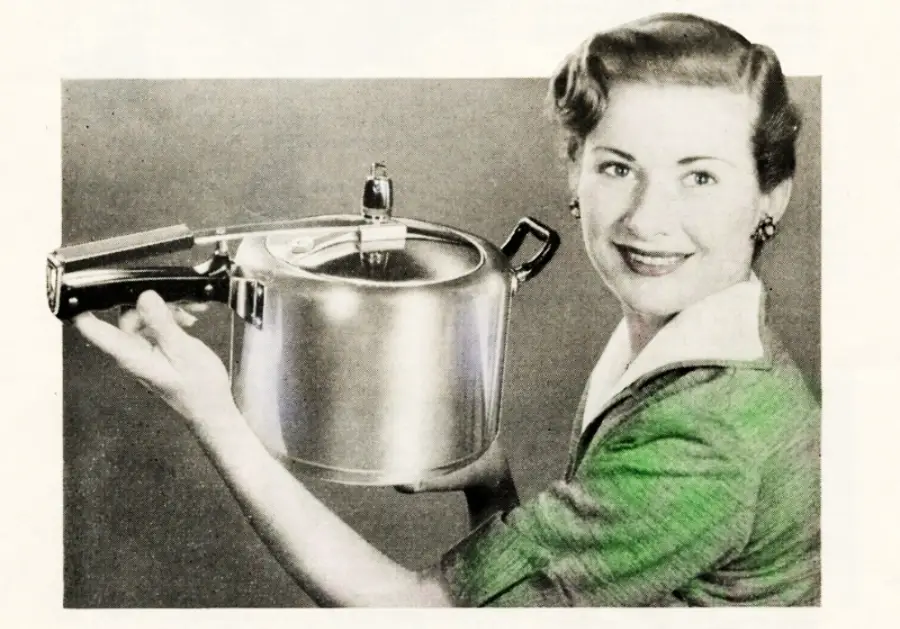 A smiling woman in a green dress holds up a large metal pressure cooker, presenting it proudly against a plain background.