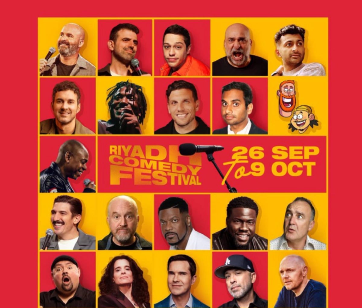 A promotional poster for the Riyadh Comedy Festival, featuring headshots of various comedians arranged in four rows, with event dates "26 Sep to 9 Oct" on a vibrant red and yellow background.