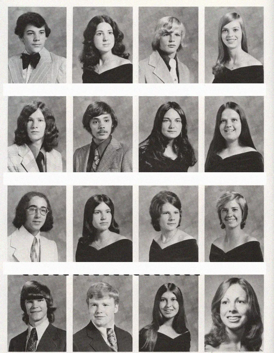 Black and white yearbook page with 15 individual portrait photos of men and women in formal attire, arranged in three rows. Most are smiling and looking at the camera.