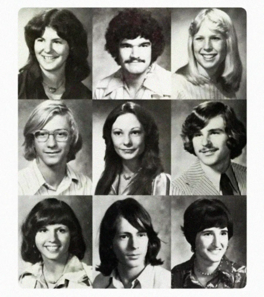 A black-and-white grid of nine vintage yearbook portraits, featuring young men and women with various 1970s hairstyles and clothing, all smiling or looking at the camera.