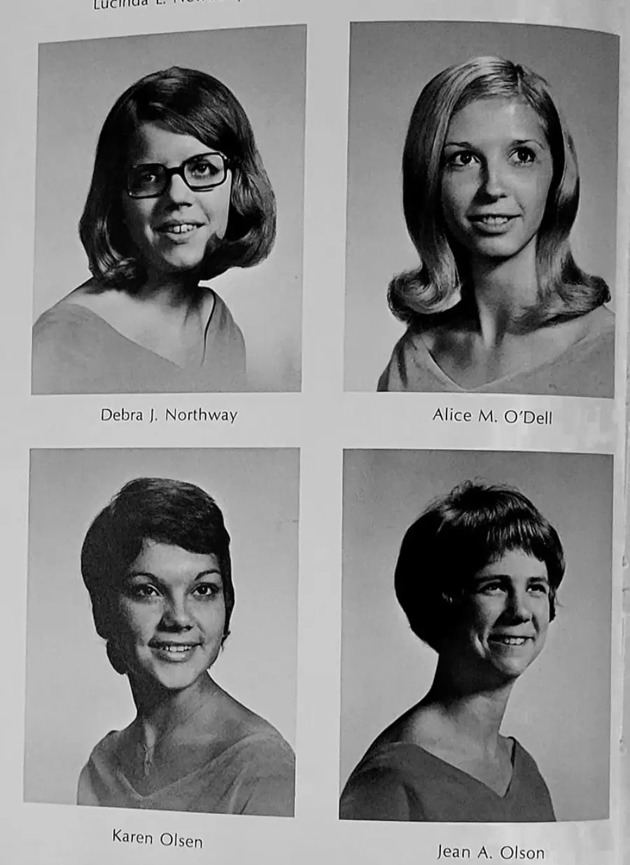 A black and white yearbook page with four portrait photos of women, each labeled with names: Debra J. Northway, Alice M. O'Dell, Karen Olsen, and Jean A. Olson. All are wearing similar tops and smiling.