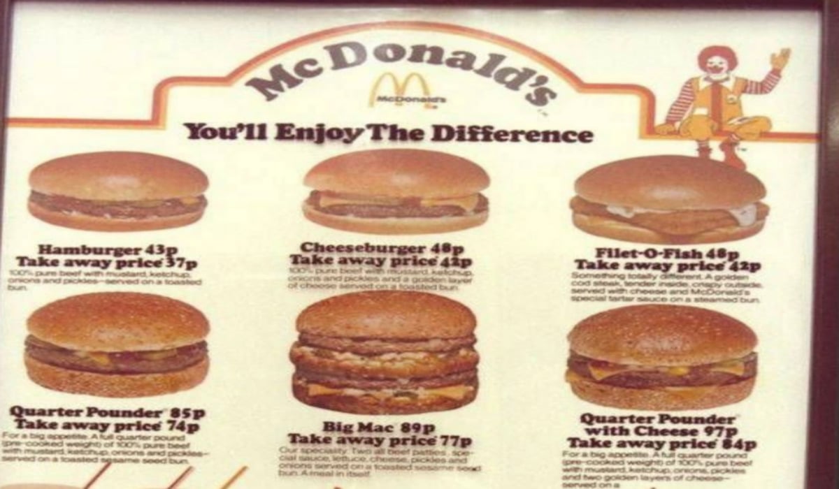 McDonald's vintage menu featuring six burgers—Hamburger, Cheeseburger, Filet-O-Fish, Quarter Pounder, Big Mac, and Quarter Pounder with Cheese—with prices and descriptions, plus the McDonald's logo and Ronald McDonald illustration.