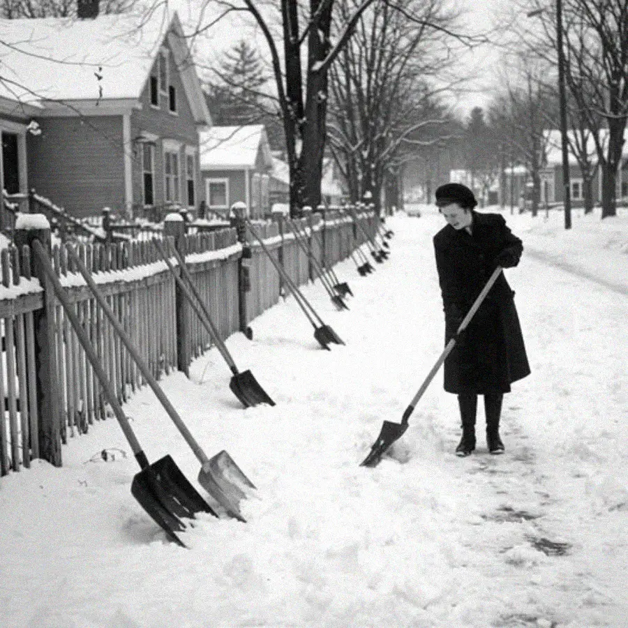 A woman in a dark coat and hat shovels snow from a sidewalk lined with shovels propped against a fence, in a residential neighborhood during winter. Snow covers the ground, trees, and rooftops.