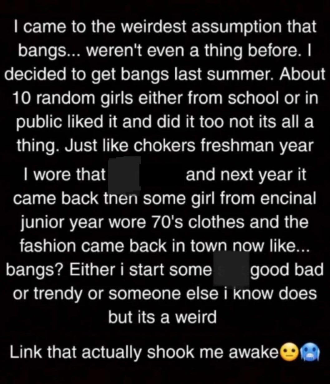 A block of text describes a person's experience with getting bangs and noticing fashion trends cycling back, comparing it to choker necklaces. Some words are censored, and there are shocked face emojis at the bottom.