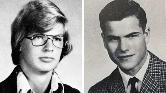 Two black-and-white yearbook photos side by side: on the left, a young person with glasses and medium-length hair; on the right, another young person with short, neatly styled hair wearing a checked suit.