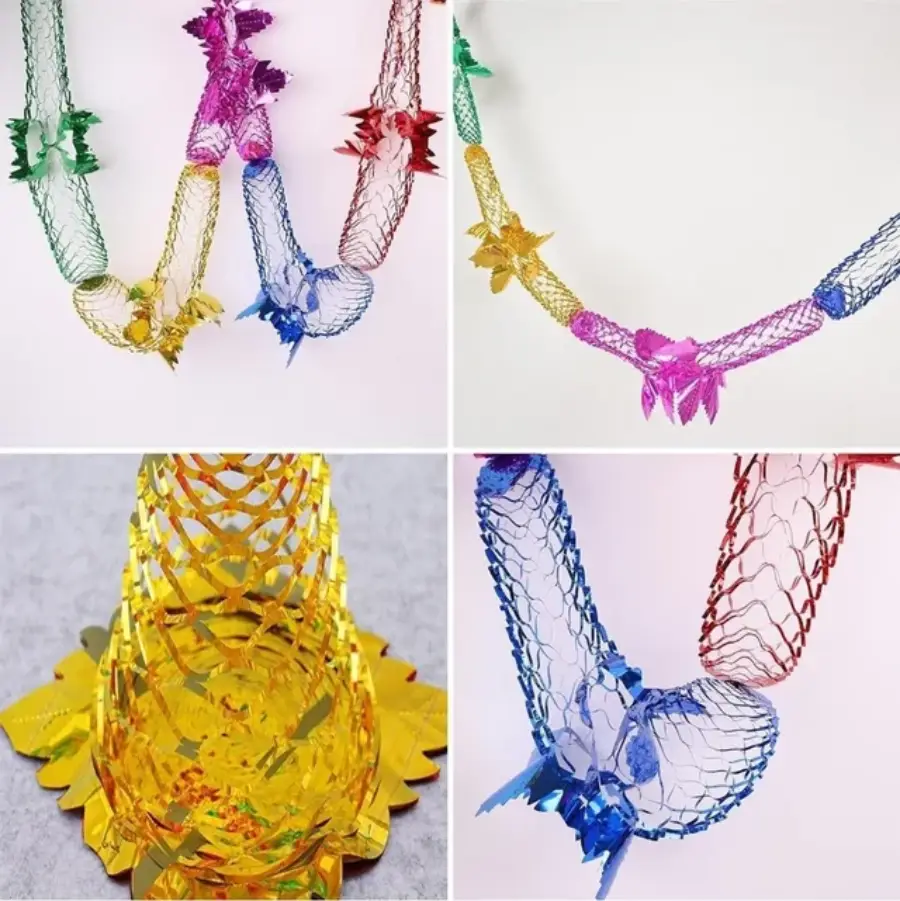 Four images show colorful, metallic mesh garlands shaped like flowers and birds in yellow, red, green, and blue. The decorations are intricately woven and shiny, used for festive occasions.