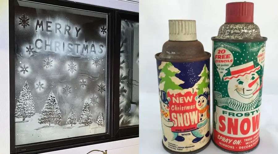 A window decorated with snowy Christmas trees and “Merry Christmas” written in white spray, next to two vintage cans of Christmas snow spray with retro holiday designs.