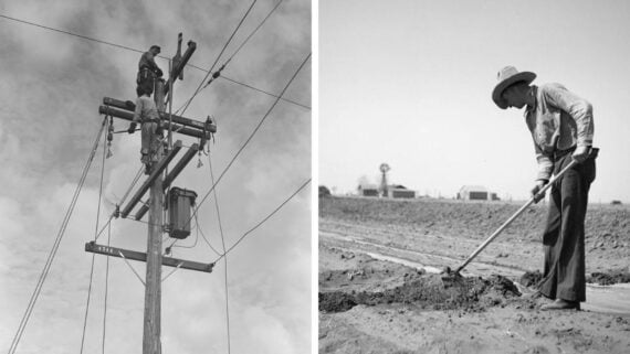 Split image: On the left, a person climbs a utility pole to work on power lines; on the right, a person in a hat uses a hoe to tend soil in a field with buildings visible in the background.