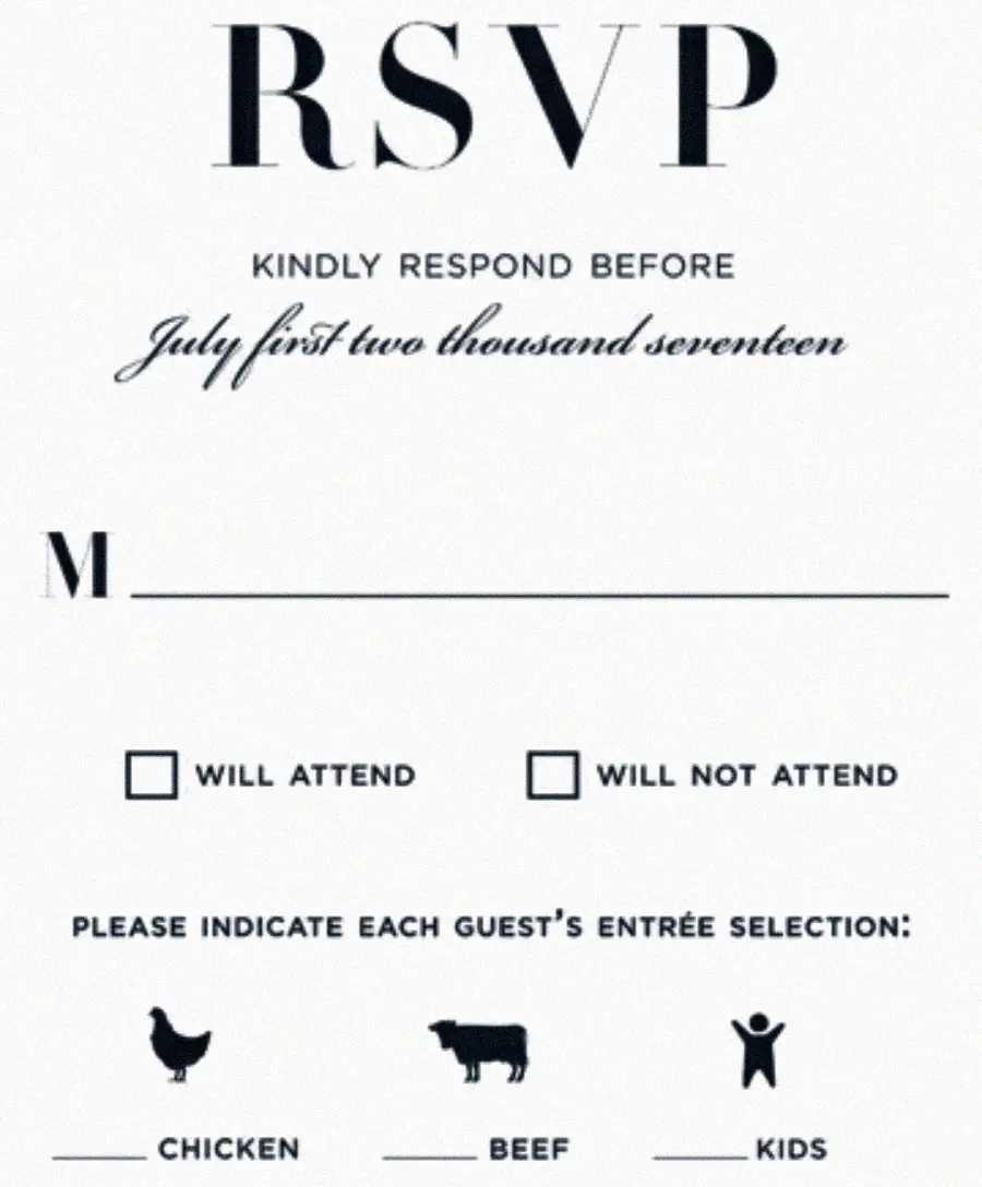 Black and white RSVP card with spaces to write a guest’s name, checkboxes for attending or not attending, and icons to select a meal: chicken, beef, or kids. Respond by July 1, 2017.