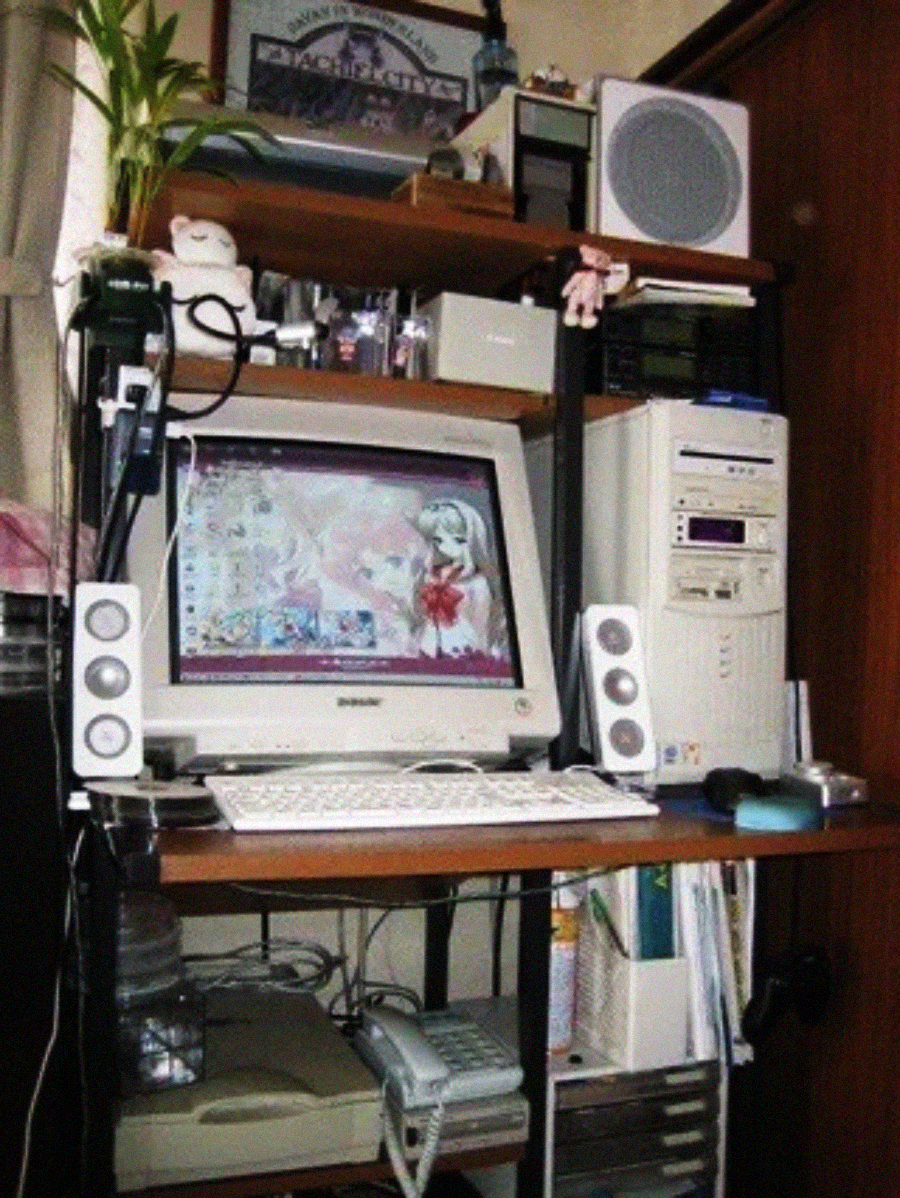 A cluttered computer desk with a CRT monitor displaying an anime wallpaper, white keyboard and speakers, a tower PC, shelves with books, a plant, and stuffed toys, all in a small, cozy room.