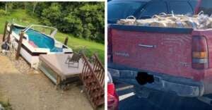 Side-by-side images: left, a broken backyard pool with damaged railings and scattered debris; right, the bed of a red GMC Sierra truck overloaded with cut firewood.