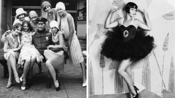 Left: A group of young women in 1920s flapper dresses pose playfully with a uniformed police officer on a city street. Right: A woman in a black flapper dress and bob haircut poses against a decorated wall.