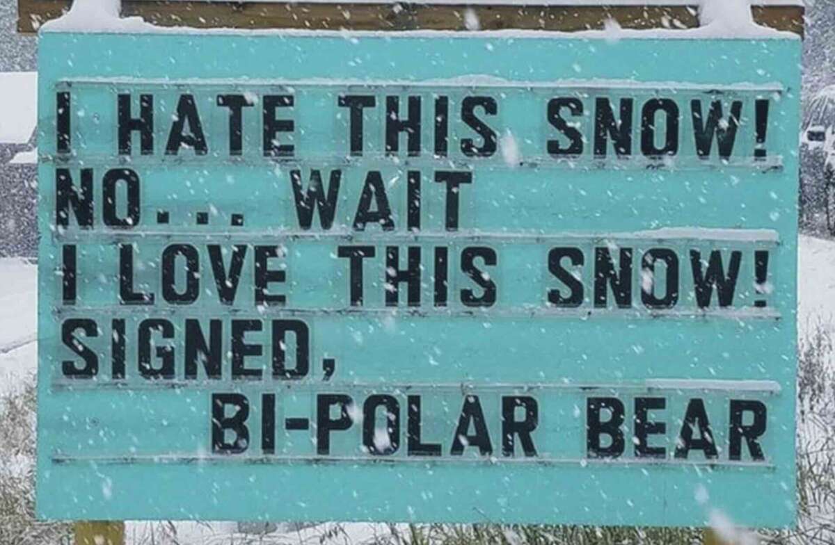 A turquoise sign in snowy weather reads: "I HATE THIS SNOW! NO... WAIT I LOVE THIS SNOW! SIGNED, BI-POLAR BEAR" in bold black letters.