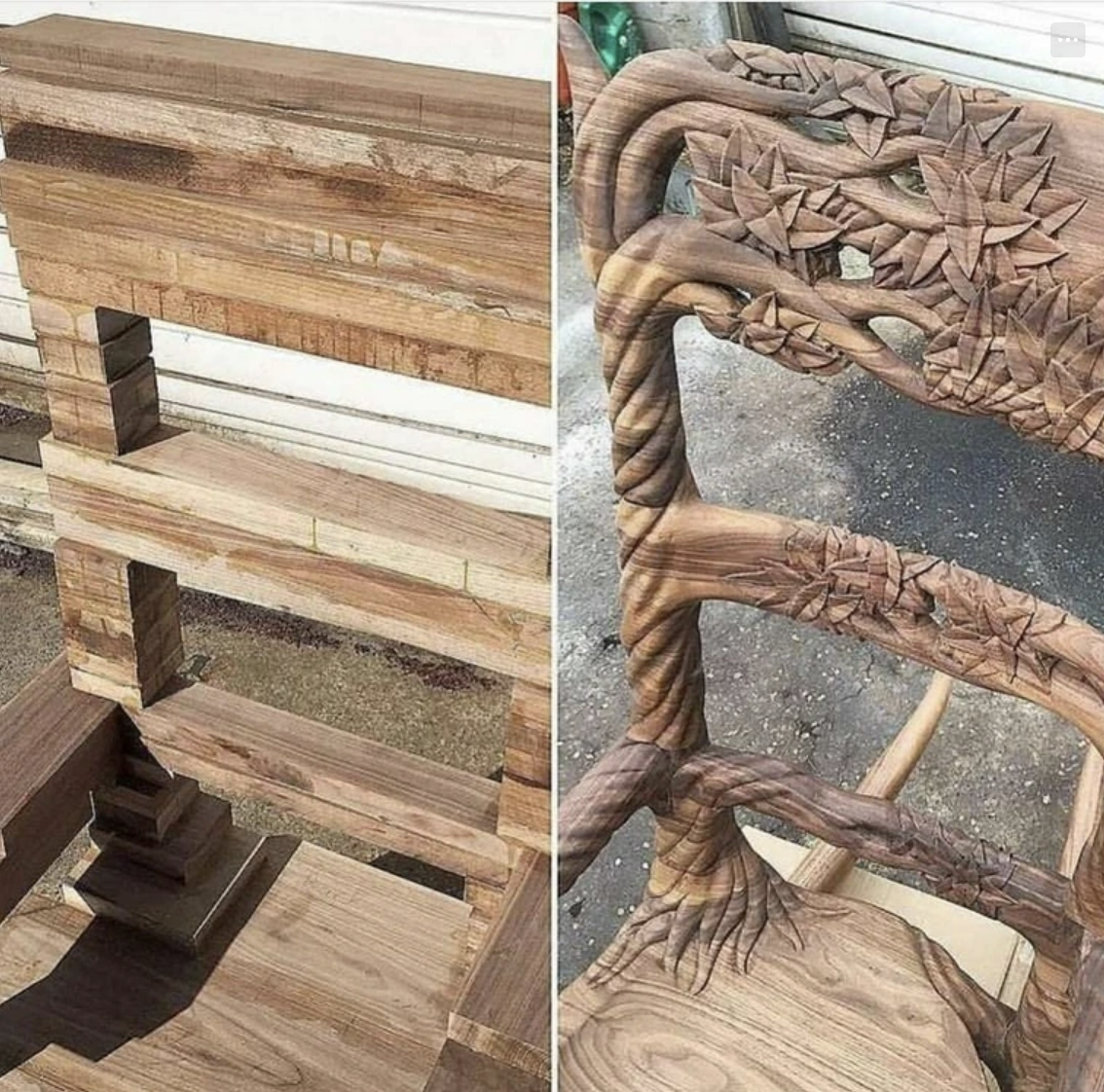 On the left, rough wooden blocks are stacked in geometric shapes. On the right, the same wood is intricately carved into a detailed chair with tree branches and leaves, showing the transformation from raw material to art.