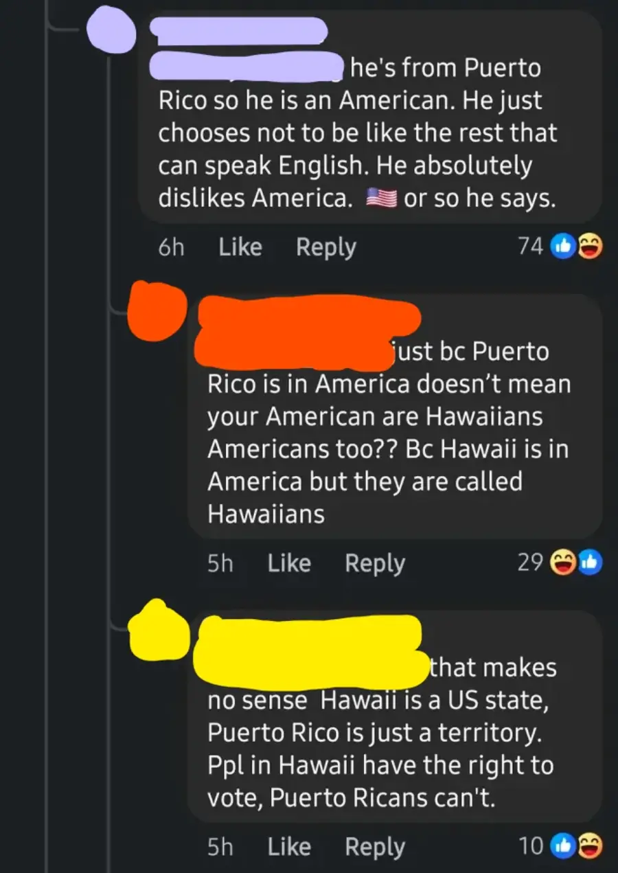 A screenshot of a social media conversation debating if Puerto Ricans are American. One user argues they are since Puerto Rico is in America, another counters by comparing it to Hawaii, and a third clarifies Hawaii is a state while Puerto Rico is a territory.
