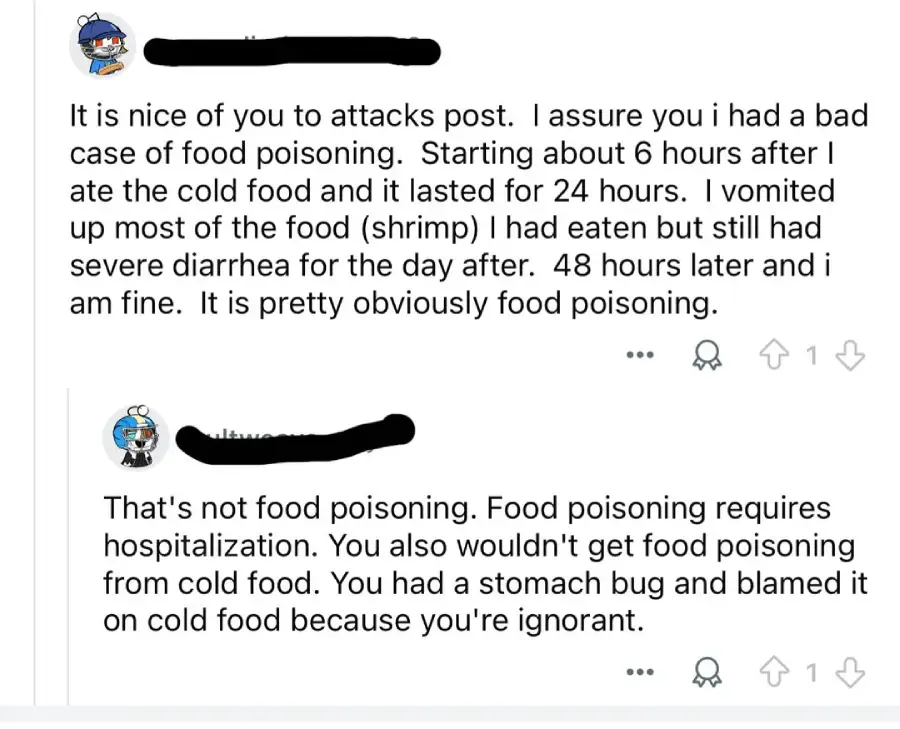 A social media exchange where one user describes having food poisoning after eating shrimp and another user responds, disputing the diagnosis and calling the first user ignorant for blaming cold food.