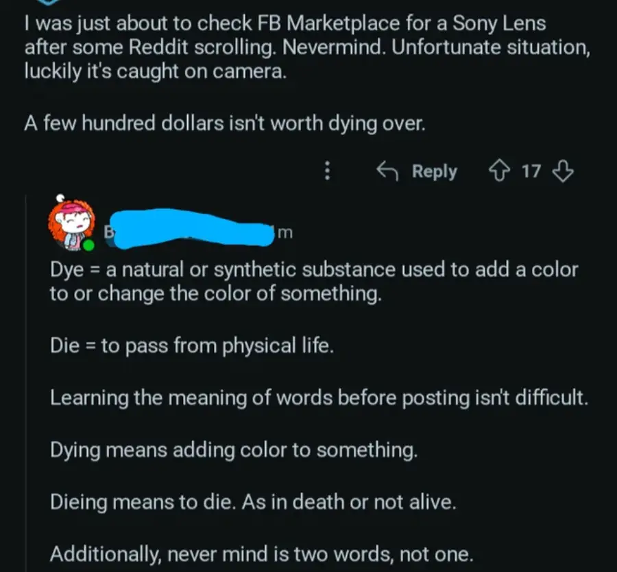 A Reddit comment thread where one user mistakenly writes "dyeing" instead of "dying," and another user humorously explains the difference between "dye," "die," and "dieing," stressing the importance of correct word usage.