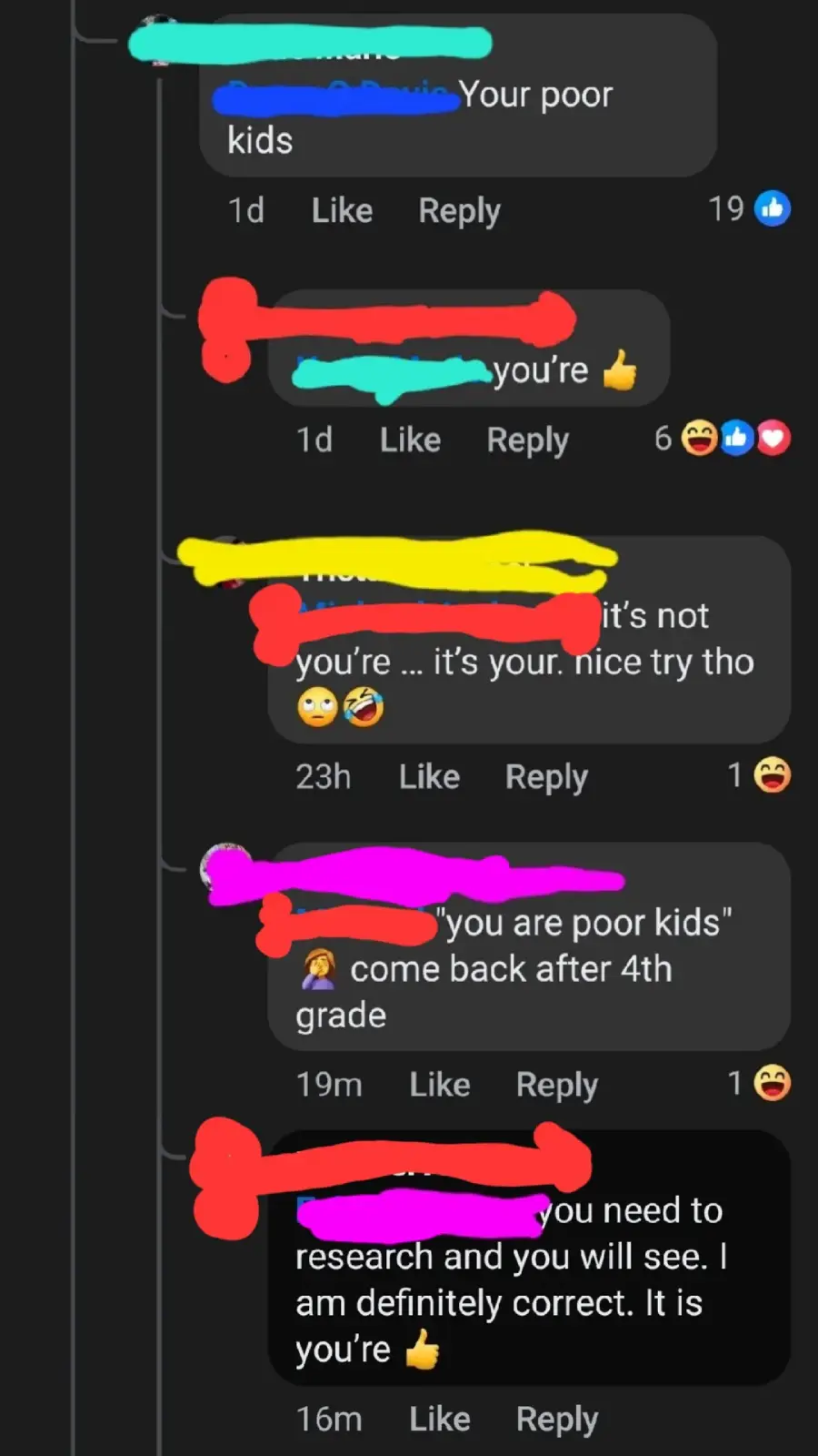 A screenshot of a social media comment thread where users exchange playful insults and correct each other’s grammar, including a debate over “your” vs. “you’re.” Usernames and profile pictures are scribbled out for privacy.