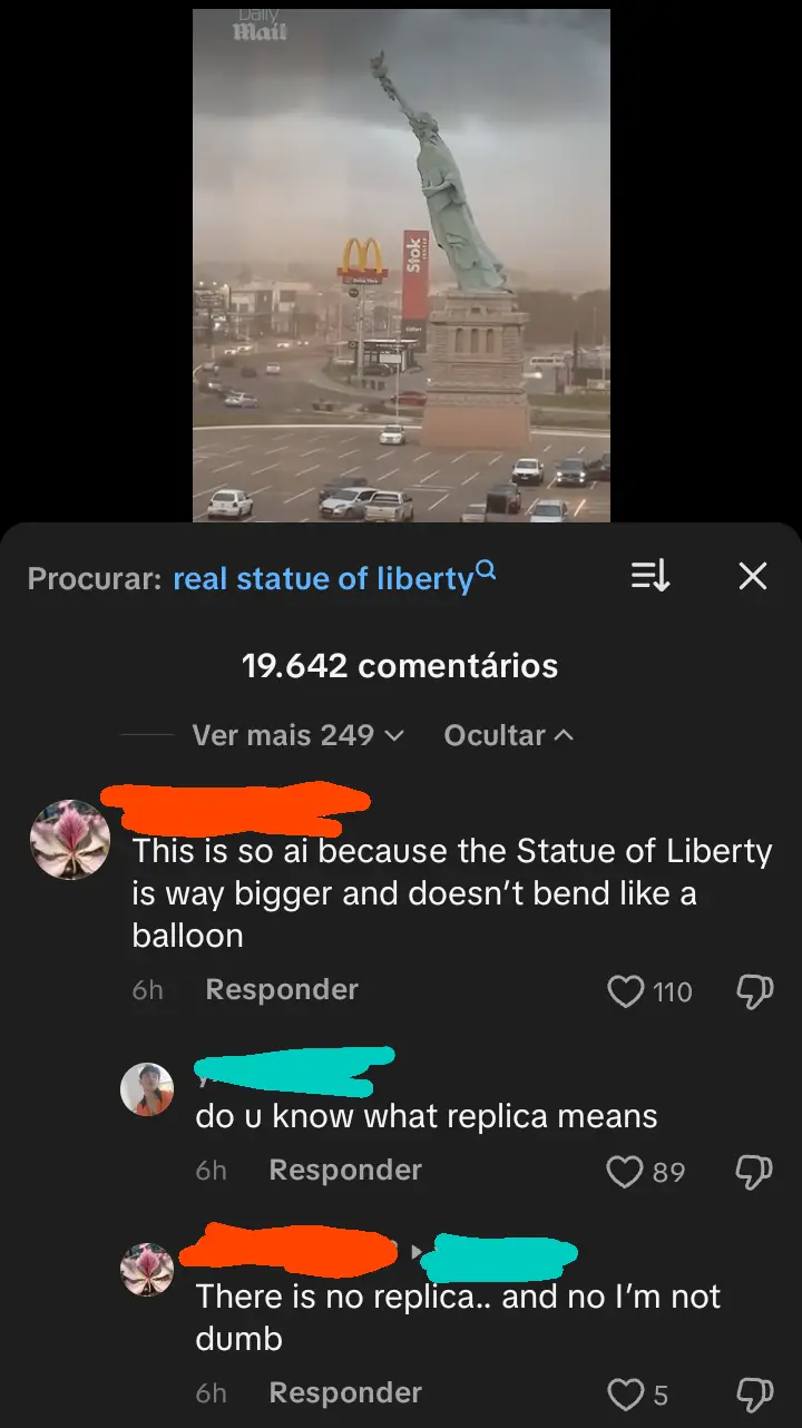 A digitally altered image shows the Statue of Liberty bending in the wind in a parking lot near a McDonald's. Below, social media comments discuss whether it’s a replica, with one user insisting it's not real.