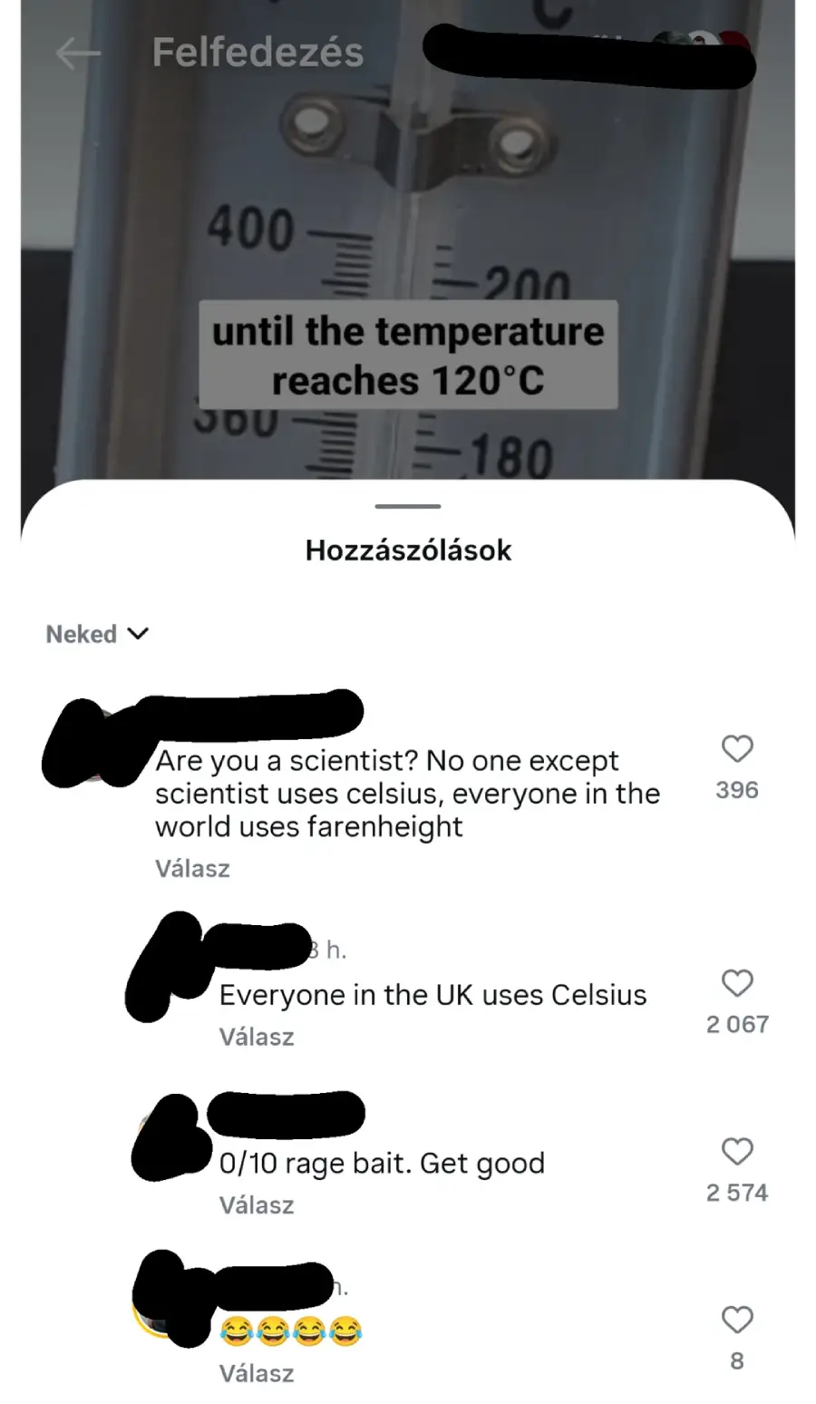 A screenshot shows a thermometer reading 120°C with overlaid text. Below, a social media comment section debates Celsius versus Fahrenheit use, with several users responding humorously or critically to each other.