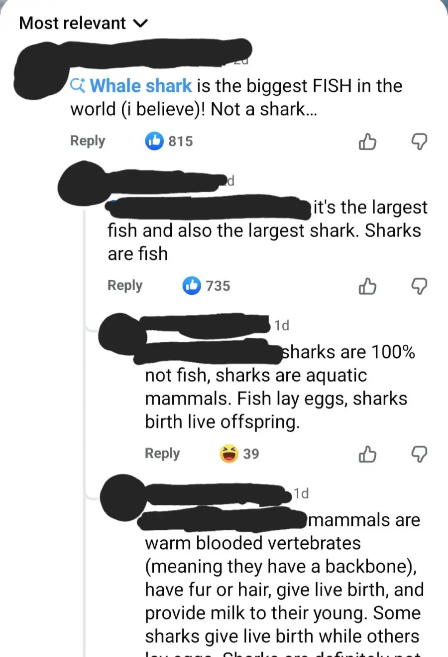A screenshot of a social media comment thread about whether sharks are fish or mammals. The top comment claims the whale shark is the biggest fish. Replies debate if sharks are fish or mammals, with some misinformation.