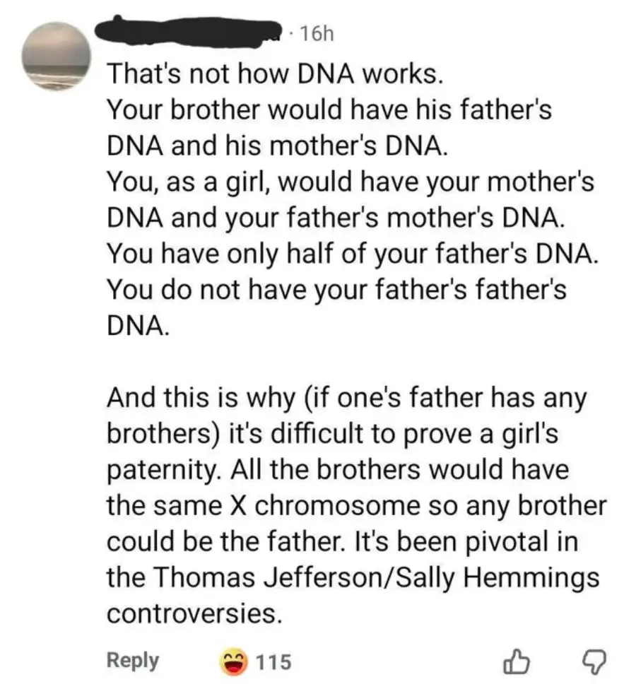A social media comment explains DNA inheritance, noting girls get their mother's and father's mother's DNA but not their father's father's. It also discusses the difficulty in proving a girl's paternity using the X chromosome.