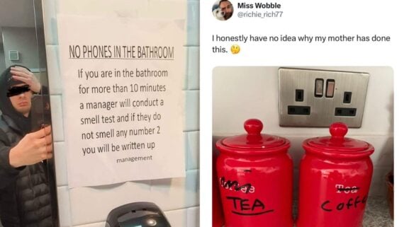 A split image: left shows a mirror selfie of a person beside a restroom sign banning phones and warning of "smell tests" for long stays; right shows two red jars labeled "TEA" and "Coffee" placed under reversed outlet switches.