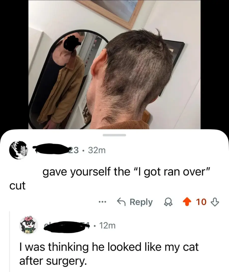 A person with a patchy, uneven haircut looks at themselves in a mirror. Below, social media comments joke about the haircut: one says it looks like an “I got ran over” cut, and another compares it to a cat after surgery.