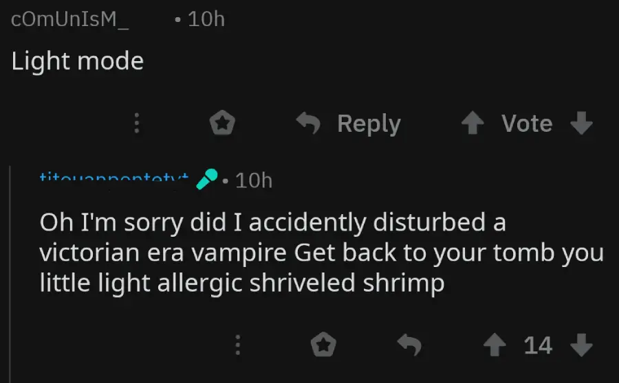 A dark-themed Reddit comment thread. The first comment says “Light mode.” The reply humorously reads, “Oh I’m sorry did I accidentally disturb a victorian era vampire Get back to your tomb you little light allergic shriveled shrimp.”