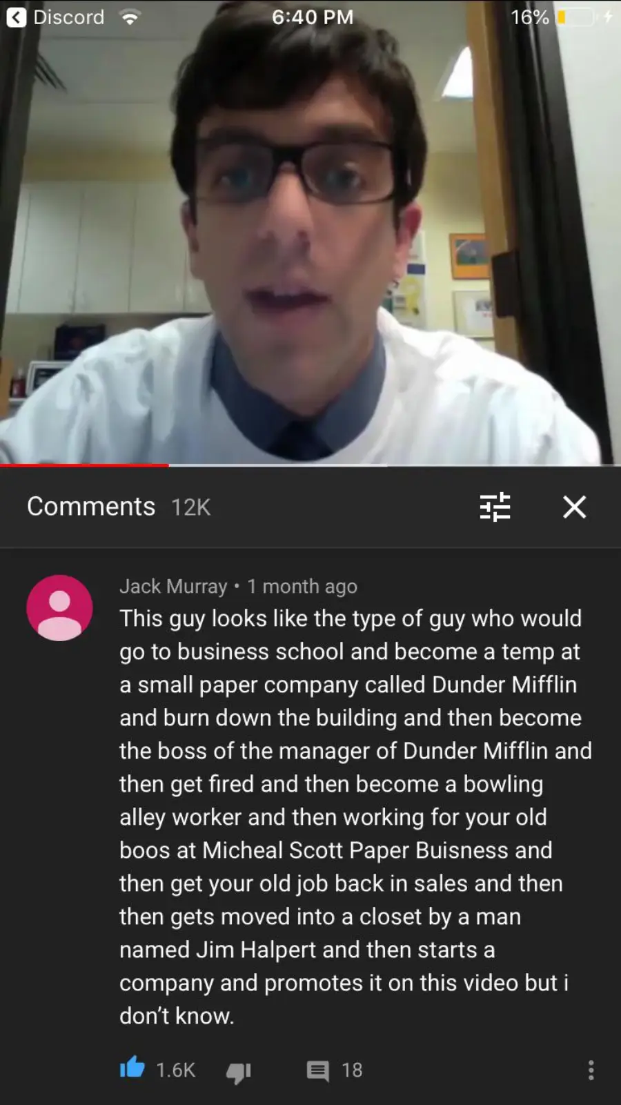 A blurry video shows a man in glasses and a white shirt speaking. Below, a YouTube comment humorously summarizes the plot of "The Office" as a bizarre career story, receiving 1.6K likes and 18 replies.