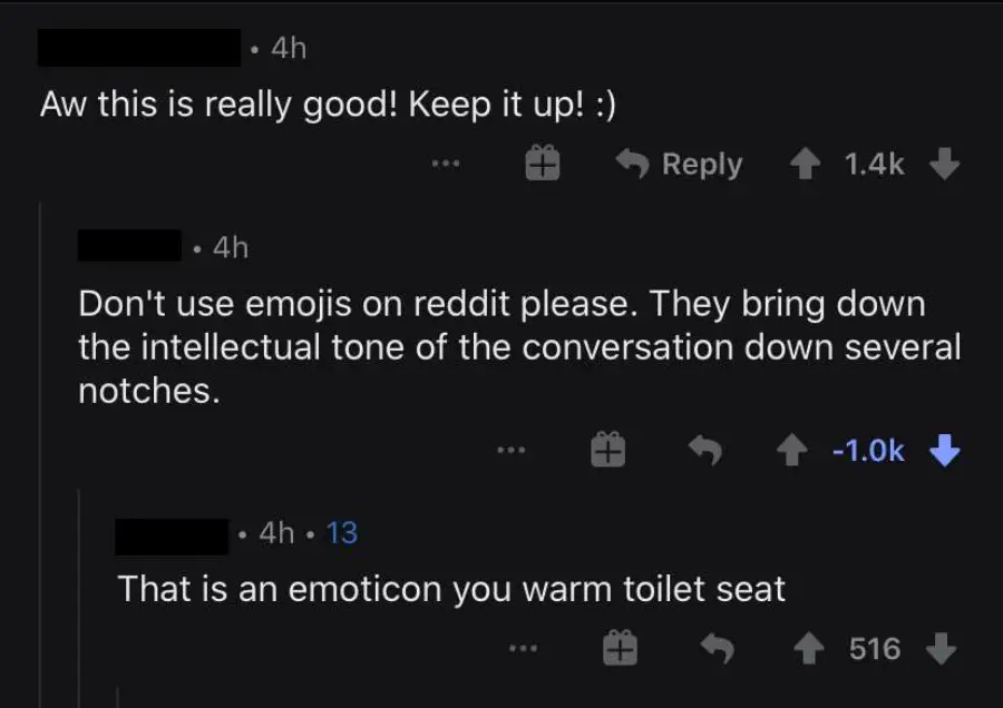 A Reddit comment thread: one user praises a post with ":)", another warns against using emojis for lowering conversation quality, and a third corrects them, noting it's an emoticon, calling them a "warm toilet seat.