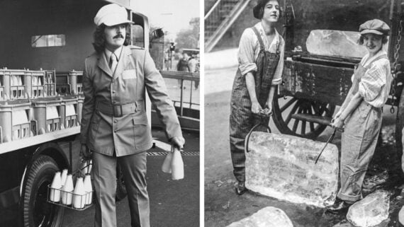 A split image: on the left, a milkman in uniform carries glass milk bottles; on the right, two women in old-fashioned attire lift a large block of ice with metal tongs near a wagon.