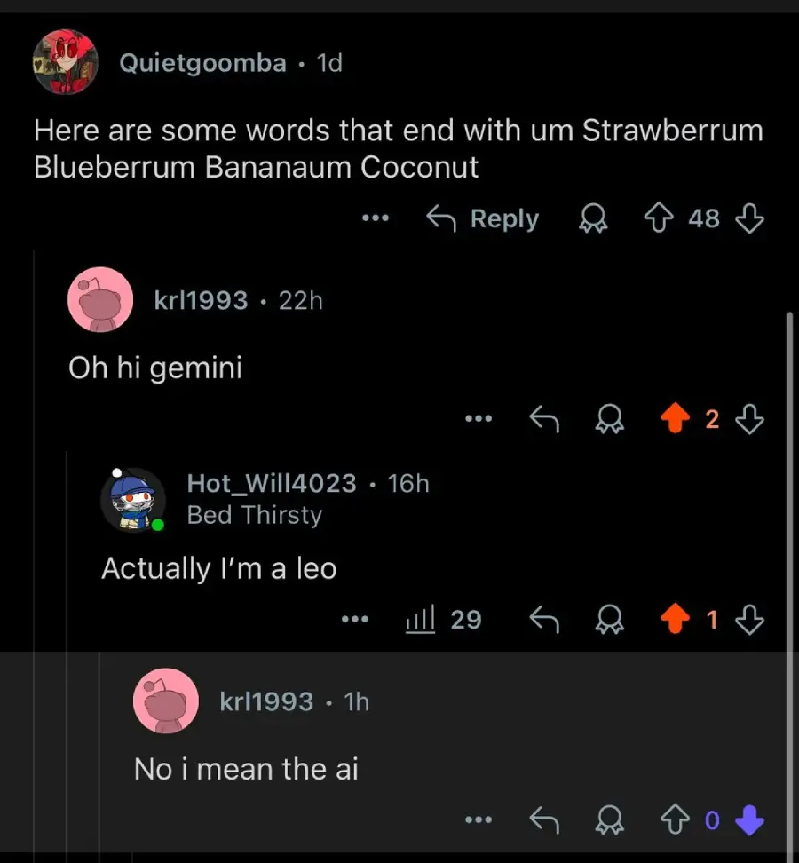 A Reddit thread where one user lists words ending with "um." Another replies, "Oh hi gemini." A third clarifies, "Actually I’m a leo," and the original replier responds, "No I mean the AI.