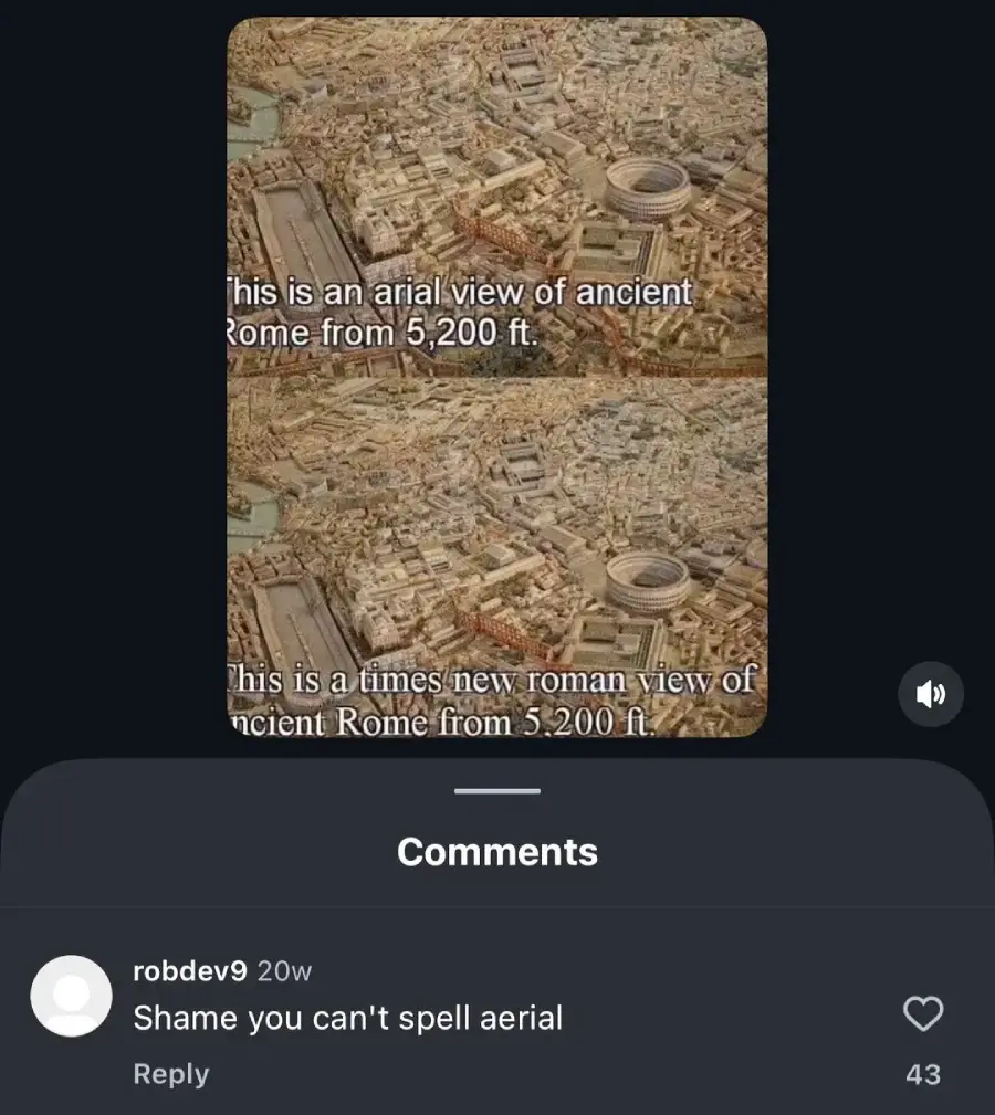 Two similar aerial views of ancient Rome are shown. The top text reads, "This is an Arial view of ancient Rome from 5,200 ft." The bottom text reads, "This is a Times New Roman view of ancient Rome from 5,200 ft." A comment below jokes about spelling "aerial.