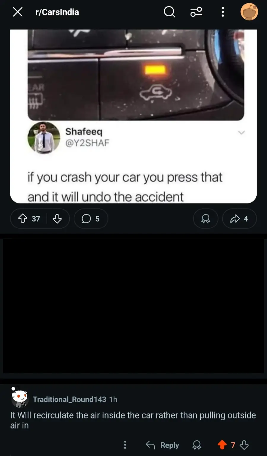 A tweet shows a photo of a car's air recirculation button with the joke: "if you crash your car you press that and it will undo the accident." A comment below explains its actual function is to recirculate air inside the car.
