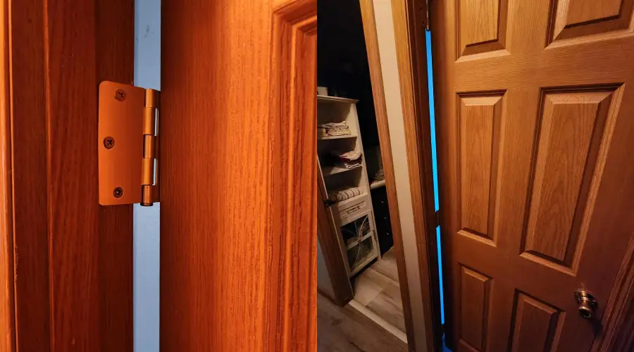 A closed wooden door with a bright blue light strip visible through the gap between the door and the frame, seen from both close-up and wider angles inside a home.