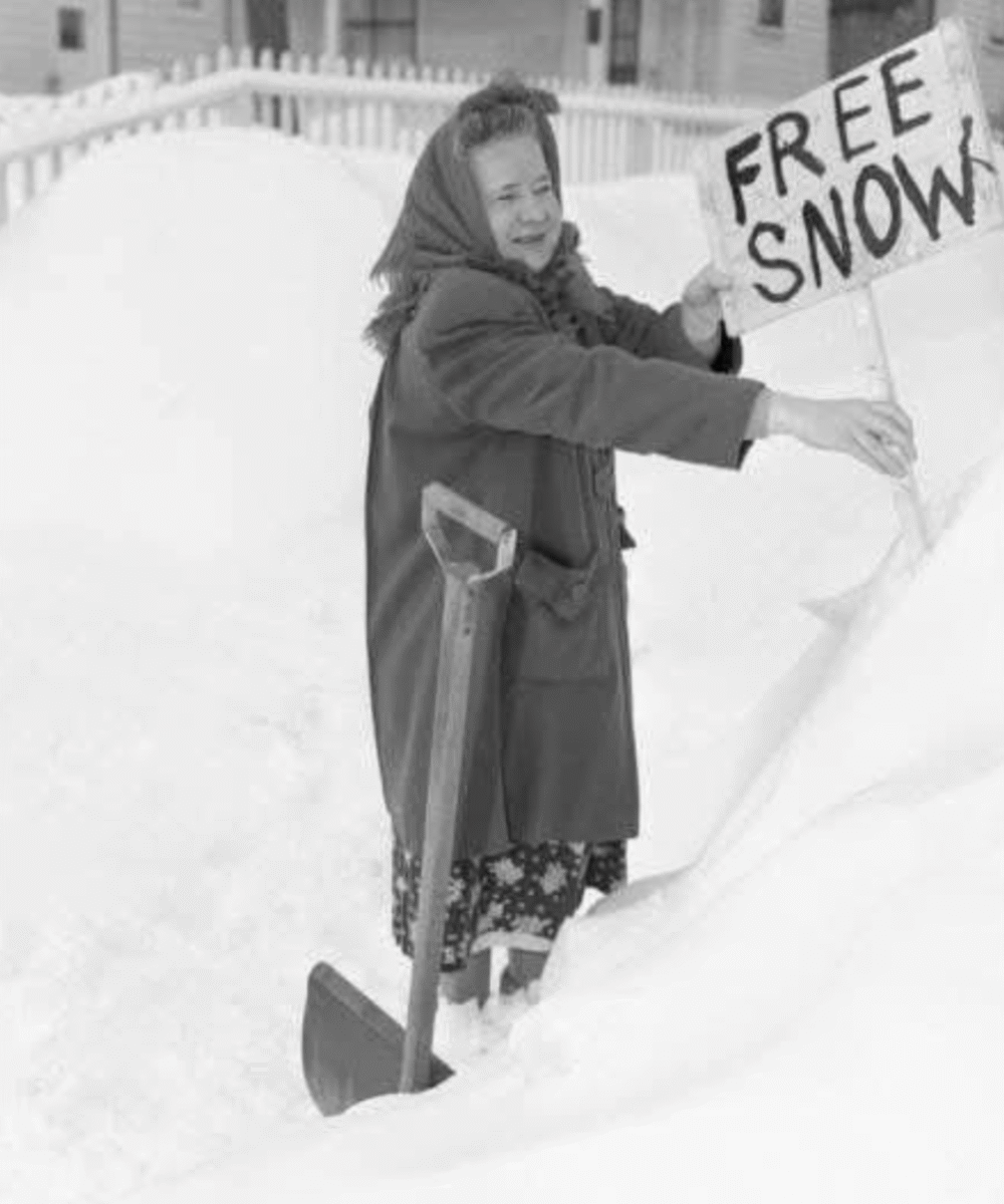 A woman in a winter coat and scarf smiles while placing a sign reading "FREE SNOW" in a large snowbank, with a shovel stuck in the snow beside her and snow-covered houses in the background.