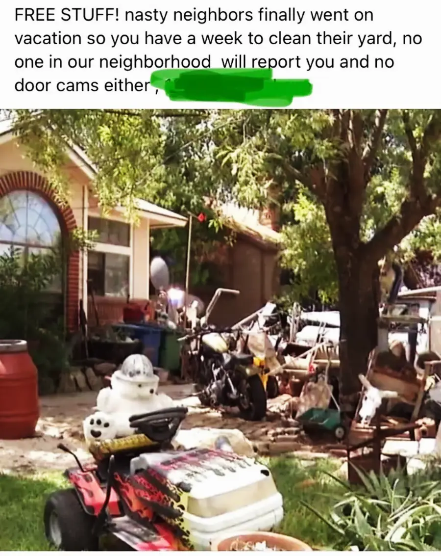 A cluttered front yard with scattered items, overgrown grass, a toy car, and a motorcycle. A tree partially shades the scene. Text at the top jokes about reporting neighbors for a messy yard while they’re on vacation.