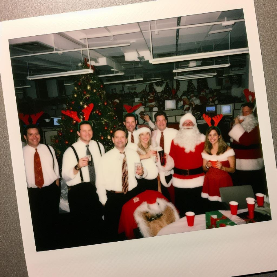 A group of people dressed in festive holiday outfits, including Santa suits and reindeer antlers, stand smiling in an office decorated with a Christmas tree and lights. Red cups and holiday decorations are visible.