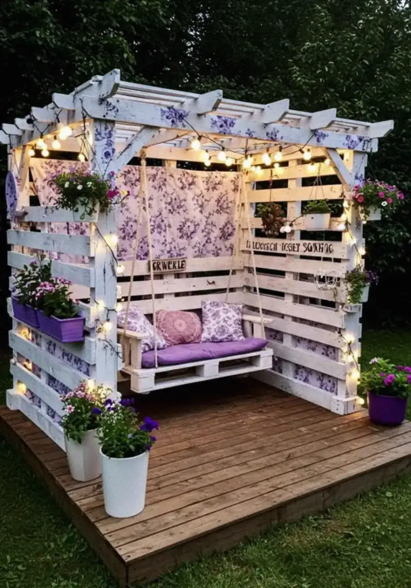 A cozy outdoor seating area with white wooden pallets, hanging string lights, potted flowers, and a swing bench with purple cushions, set on a wooden deck surrounded by greenery.