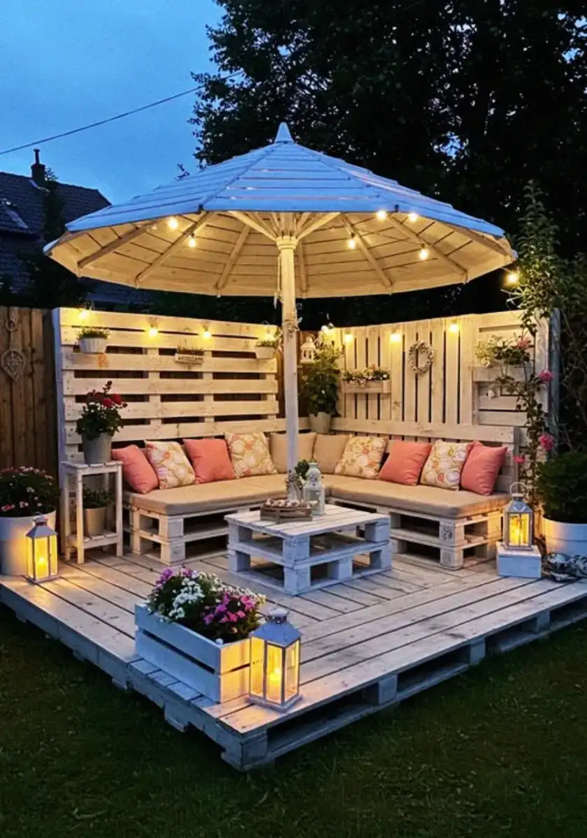A cozy outdoor seating area made from white wooden pallets, decorated with pink and yellow cushions, surrounded by potted flowers, lanterns, and string lights under a large white umbrella in a garden at dusk.