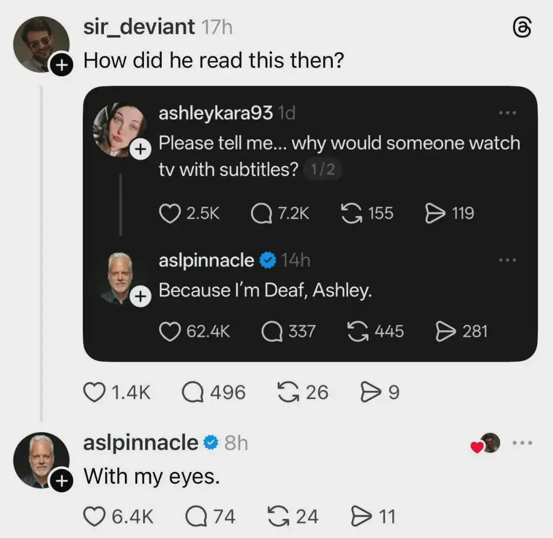 A social media exchange where one user asks why people watch TV with subtitles. Another user replies, "Because I'm Deaf, Ashley." Later, the same user adds, "With my eyes," in response to a question about how he reads.