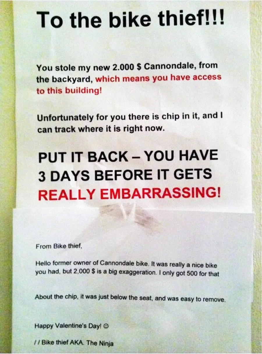A note warns a bike thief to return a stolen $2,000 Cannondale bike, claiming it has a tracker. Below, another note from the thief says the bike was sold for $500 and the tracker was easily removed.